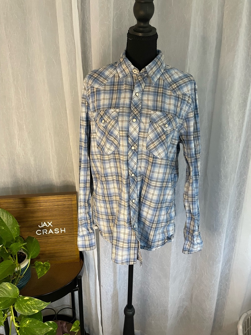 American Eagle Outfitters Blue and White Plaid Button-Up Shirt